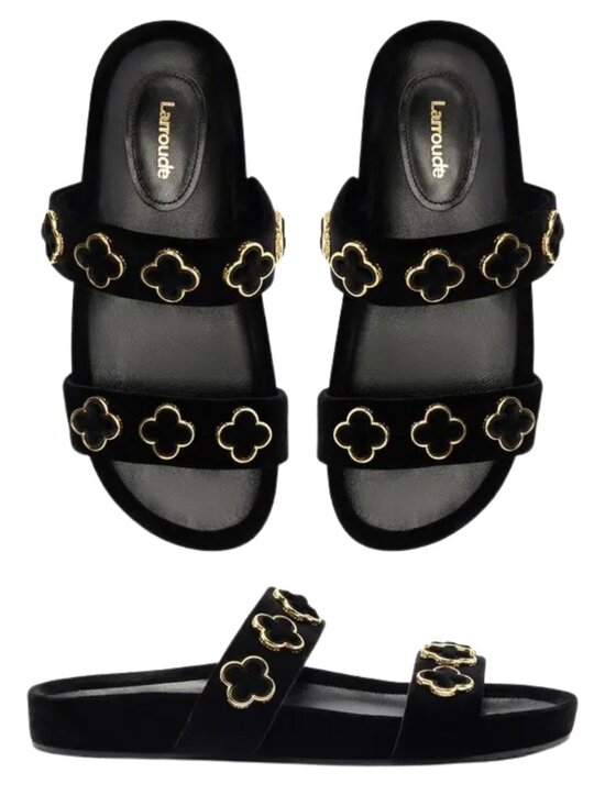 Larroude Milan Piccolo Black Velvet and Gold Slide Sandals